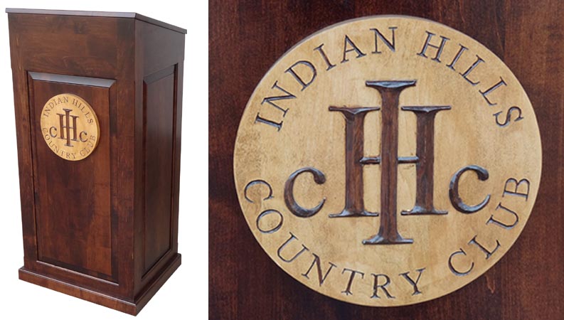 indian hills custom podium with hand carved logo