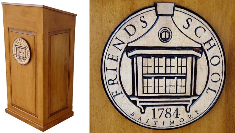 custom podium with hand carved logo